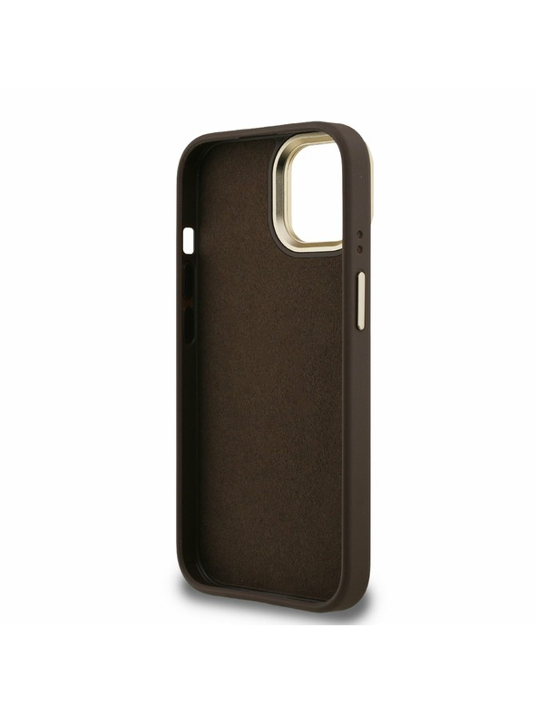 Guess Guess PU 4G Metal Logo Stojalo Okvir kamere Zadnji pokrov za iPhone 15 Brown