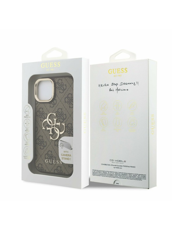 Guess Guess PU 4G Metal Logo Stojalo Okvir kamere Zadnji pokrov za iPhone 15 Brown