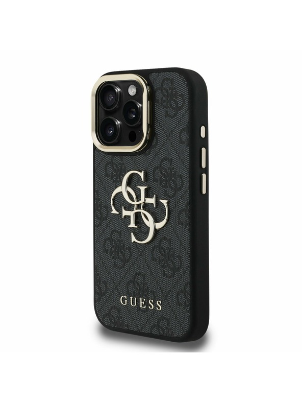 Guess Guess PU 4G Metal Logo Stojalo Okvir kamere Zadnji pokrov za iPhone 16 Pro Black
