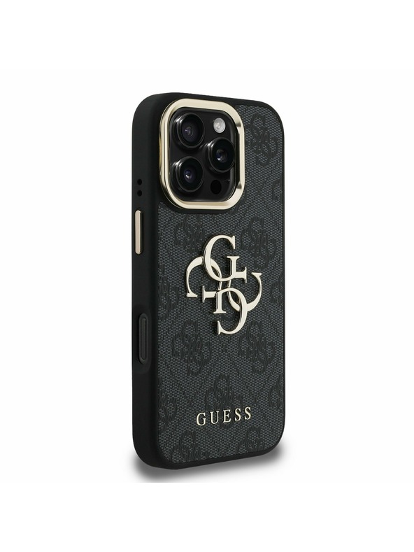 Guess Guess PU 4G Metal Logo Stojalo Okvir kamere Zadnji pokrov za iPhone 16 Pro Black