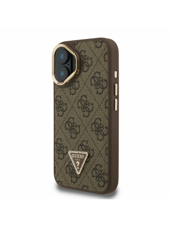 Guess Guess PU 4G Strass Trikotni Logo Stojalo Okvir kamere MagSafe Zadnji pokrov za iPhone 16 Brown