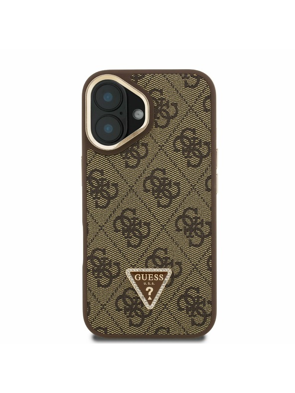 Guess Guess PU 4G Strass Trikotni Logo Stojalo Okvir kamere MagSafe Zadnji pokrov za iPhone 16 Brown