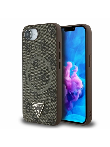 Guess Guess PU 4G Strass Trikotni Metal Logo Zadnji pokrov za iPhone 16e Brown