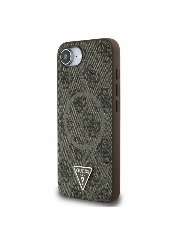 Guess Guess PU 4G Strass Trikotni Metal Logo Zadnji pokrov za iPhone 16e Brown