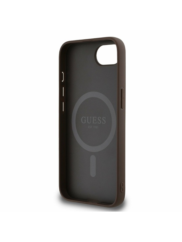 Guess Guess PU 4G Strass Trikotni Metal Logo Zadnji pokrov za iPhone 16e Brown