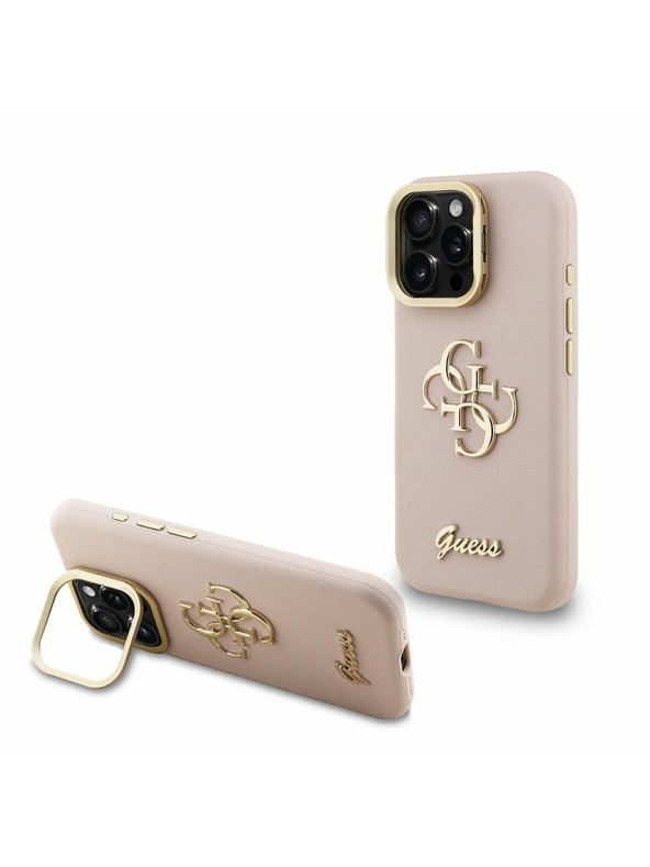 Guess Guess PU Strukturirano 4G Logo Stojalo Okvir kamere Zadnji pokrov za iPhone 16 Pro Pink