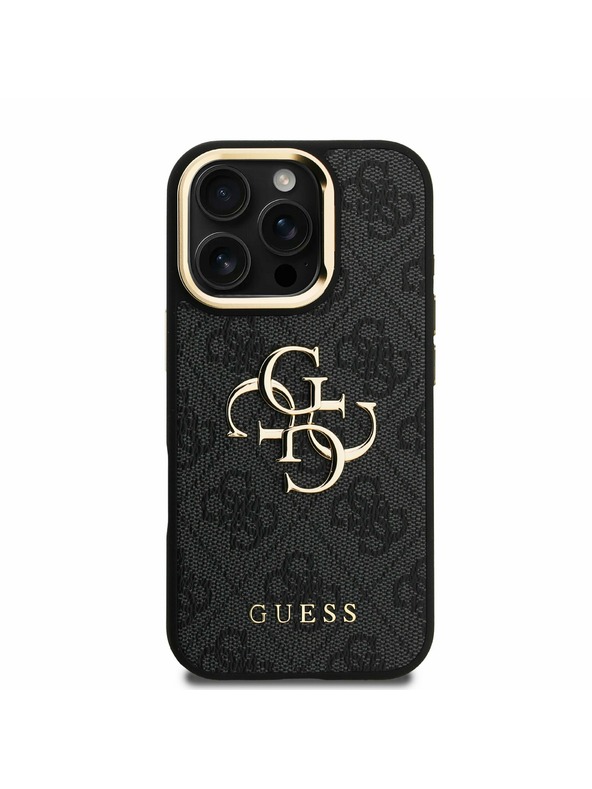Guess Guess PU 4G Metal Logo Stojalo Okvir kamere Zadnji pokrov za iPhone 16 Pro Max Black