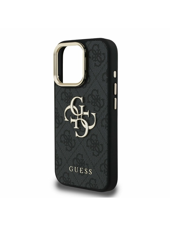 Guess Guess PU 4G Metal Logo Stojalo Okvir kamere Zadnji pokrov za iPhone 16 Pro Max Black