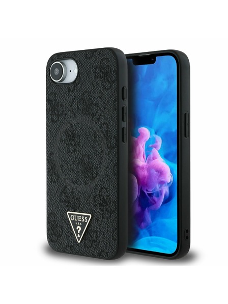 Guess Guess PU 4G Strass Trikotni Metal Logo Zadnji pokrov za iPhone 16e Black