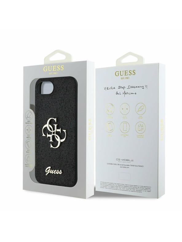 Guess Guess PU Fixed Glitter 4G Metal Logo Zadnji pokrov za iPhone 16e Black