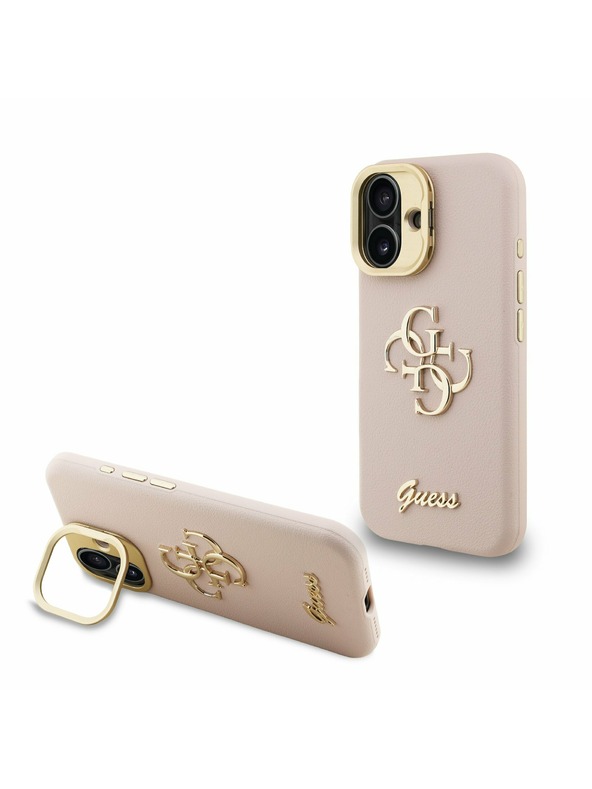 Guess Guess PU Strukturirano 4G Logo Stojalo Okvir kamere Zadnji pokrov za iPhone 16 Pink