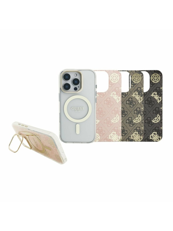 Guess Guess PC/TPU Elektroplastiran stojalo Okvir kamere MagSafe Zadnji pokrov z zamenljivim ozadjem za iPhone 16 Pro