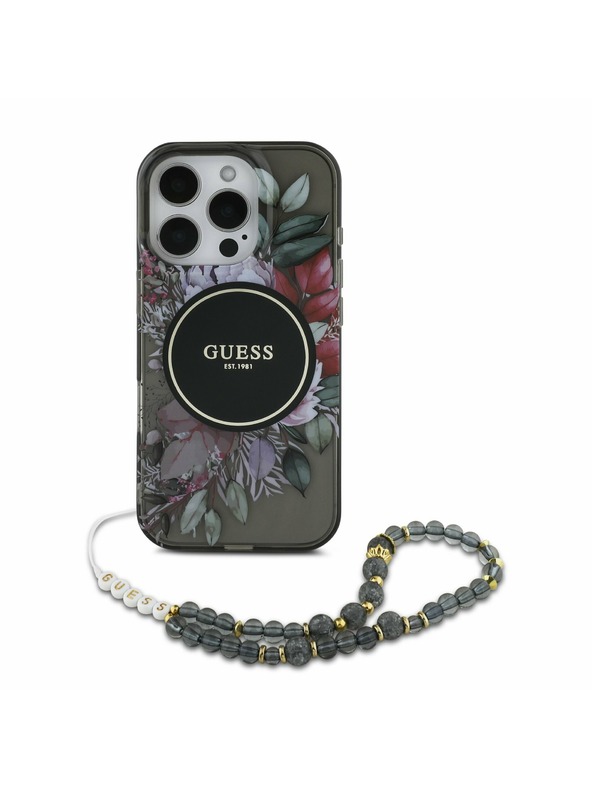 Guess Guess IML Flowers Pearl Strap MagSafe Zadnji pokrov za iPhone 16 Pro Max Black
