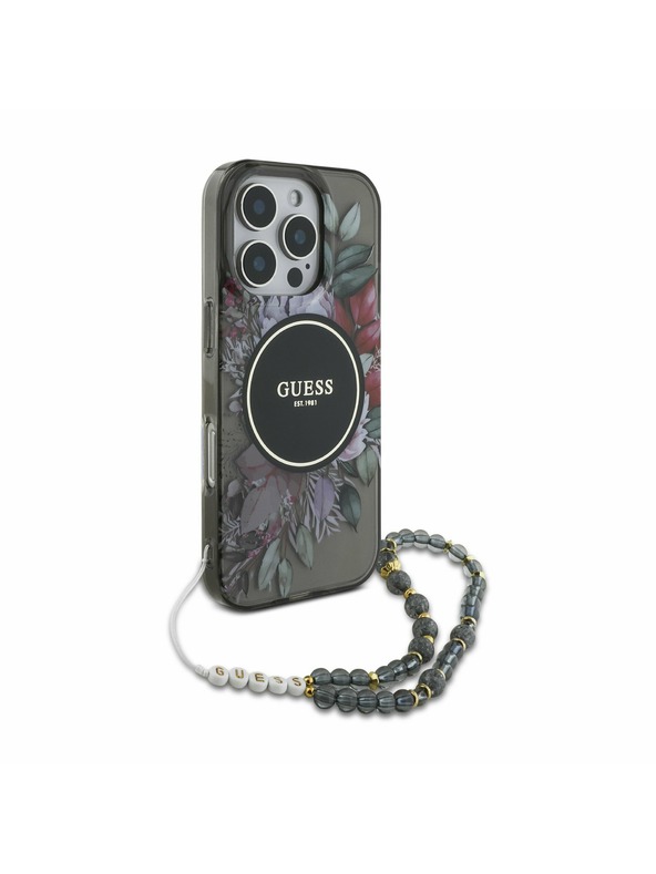 Guess Guess IML Flowers Pearl Strap MagSafe Zadnji pokrov za iPhone 16 Pro Max Black