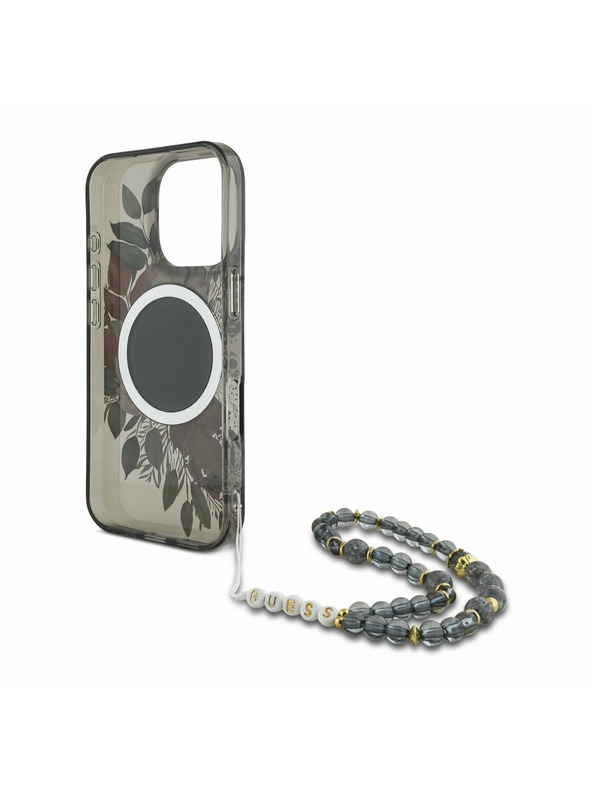 Guess Guess IML Flowers Pearl Strap MagSafe Zadnji pokrov za iPhone 16 Pro Max Black