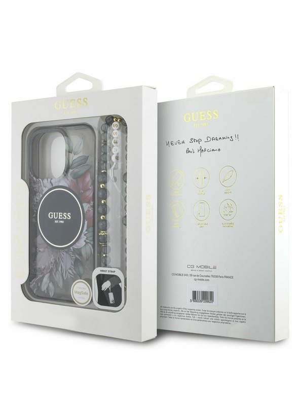 Guess Guess IML Flowers Pearl Strap MagSafe Zadnji pokrov za iPhone 16 Pro Max Black