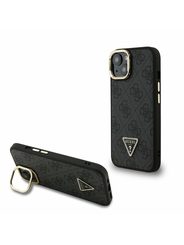Guess Guess PU 4G Strass Trikotni Logo Stand Zadnji ovitek za kamero MagSafe za iPhone 14 Črn
