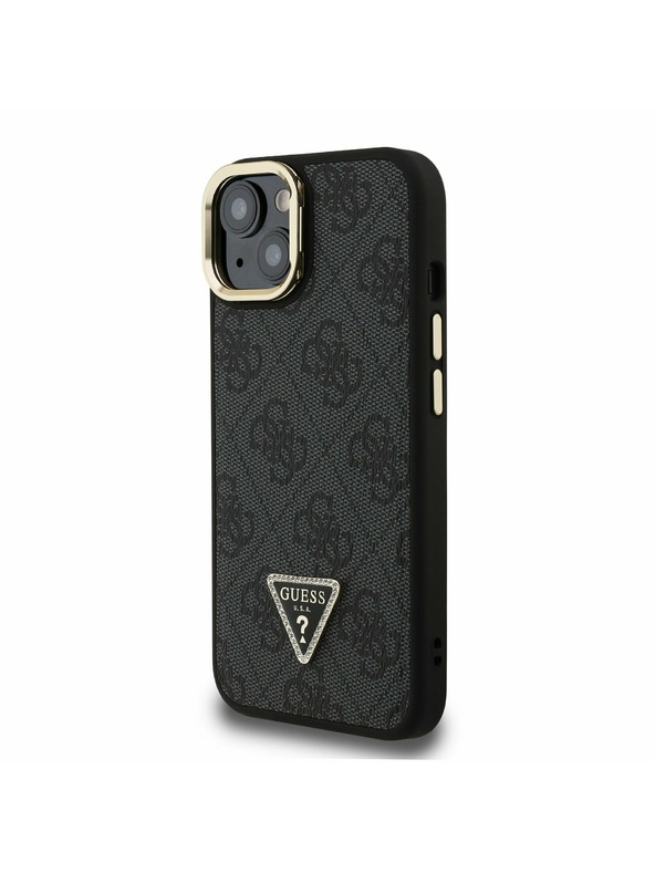 Guess Guess PU 4G Strass Trikotni Logo Stand Zadnji ovitek za kamero MagSafe za iPhone 14 Črn
