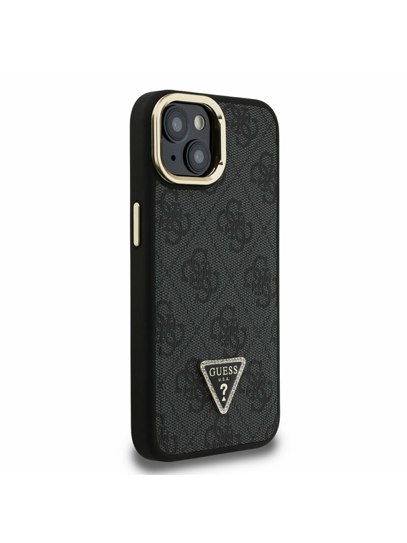 Guess Guess PU 4G Strass Trikotni Logo Stand Zadnji ovitek za kamero MagSafe za iPhone 14 Črn