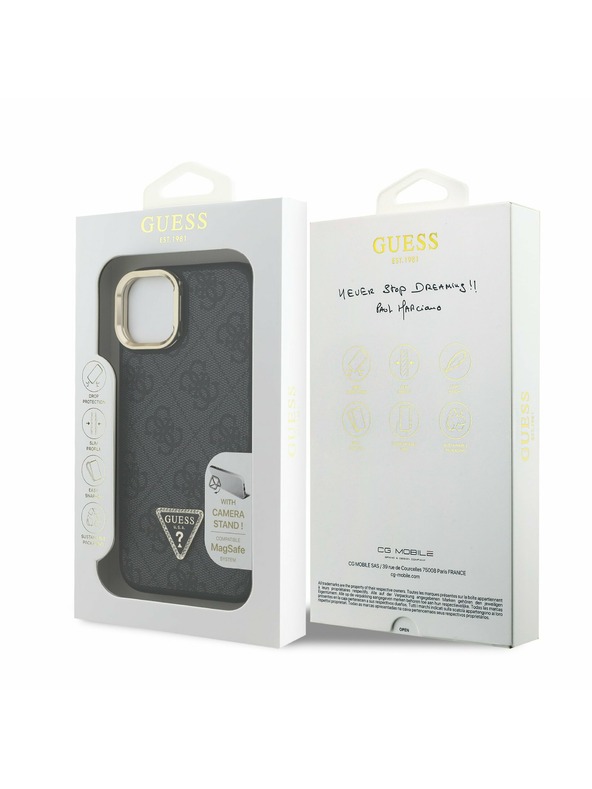 Guess Guess PU 4G Strass Trikotni Logo Stand Zadnji ovitek za kamero MagSafe za iPhone 14 Črn