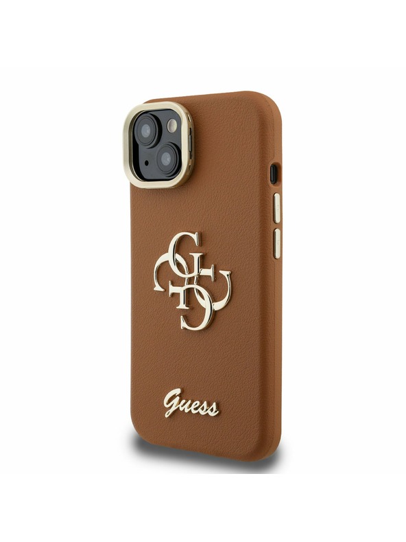 Guess Guess PU Grained 4G Logo Stand Zadnji ovitek za kamero za iPhone 14 Rjav