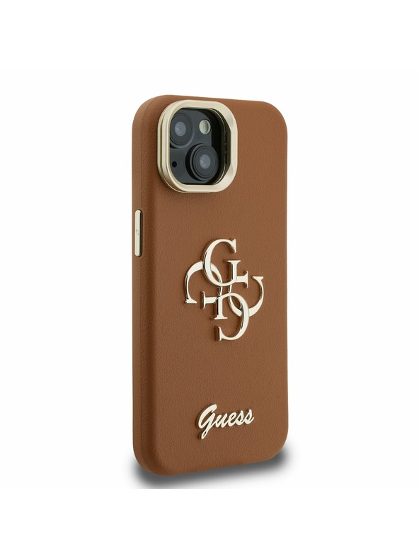 Guess Guess PU Grained 4G Logo Stand Zadnji ovitek za kamero za iPhone 14 Rjav