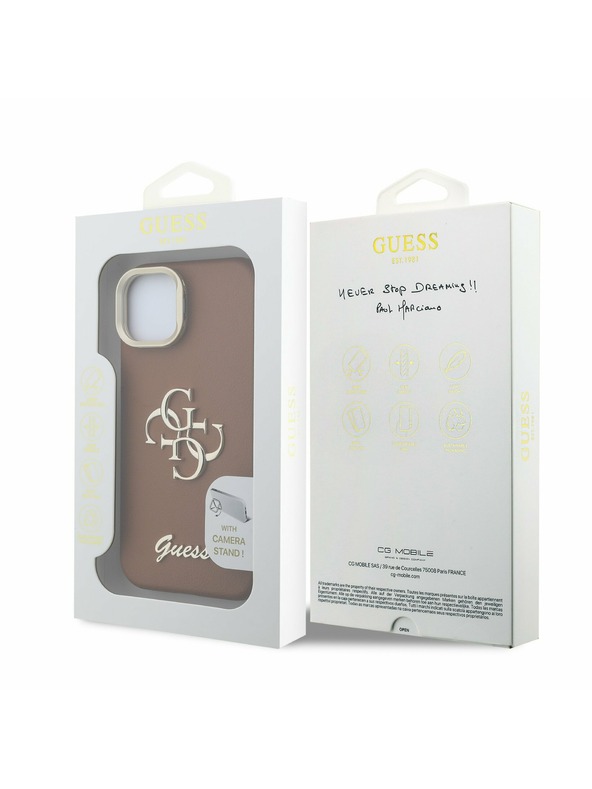 Guess Guess PU Grained 4G Logo Stand Zadnji ovitek za kamero za iPhone 14 Rjav