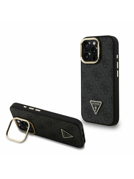 Guess Guess PU 4G Strass Trikotni Logo Stand Zadnji ovitek za kamero MagSafe za iPhone 15 Pro Max Črn