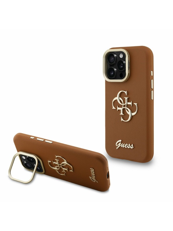 Guess Guess PU Grained 4G Logo Stand Zadnji ovitek za kamero za iPhone 16 Pro Rjav