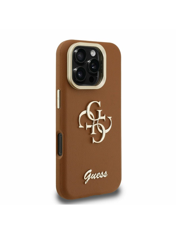 Guess Guess PU Grained 4G Logo Stand Zadnji ovitek za kamero za iPhone 16 Pro Rjav