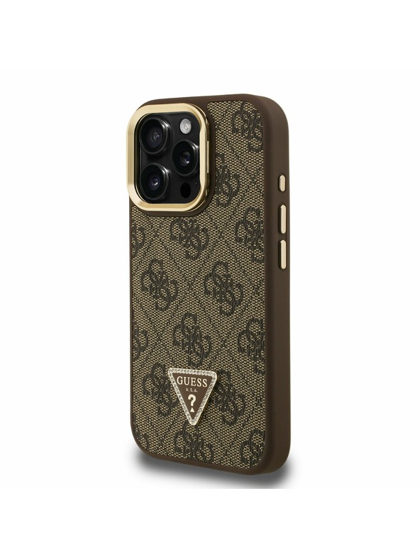 Guess Guess PU 4G Strass Trikotni Logo Stand Zadnji ovitek za kamero MagSafe za iPhone 15 Pro Rjav