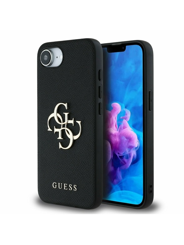 Guess Guess PU Grained 4G Kovinski Logo Zadnji ovitek za iPhone 16e Črn