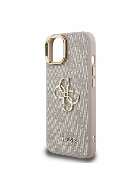 Guess Guess PU 4G Kovinski Logo Stand Zadnji ovitek za kamero za iPhone 14 Roza