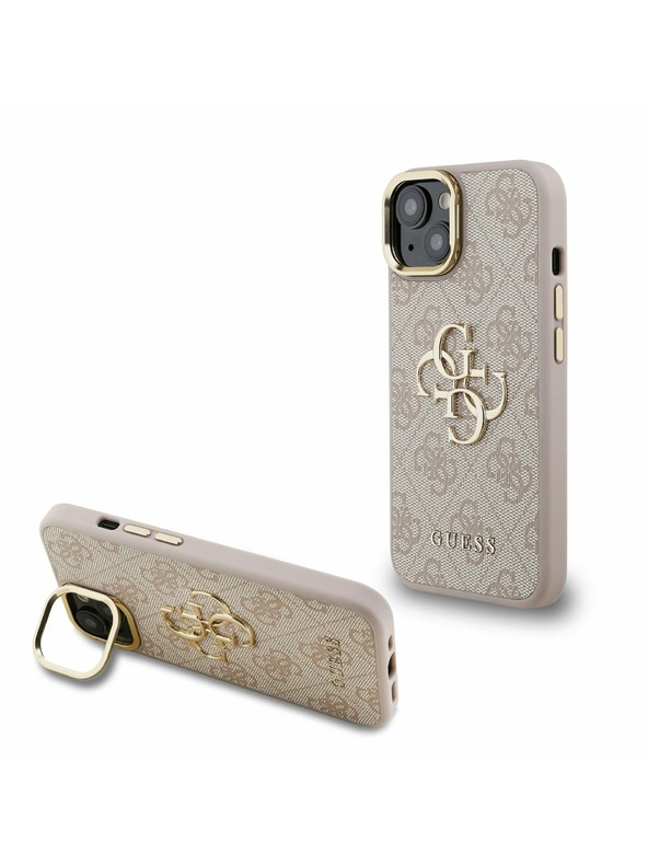 Guess Guess PU 4G Kovinski Logo Stand Zadnji ovitek za kamero za iPhone 15 Roza