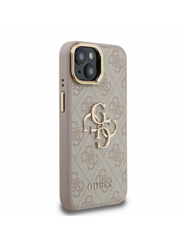 Guess Guess PU 4G Kovinski Logo Stand Zadnji ovitek za kamero za iPhone 15 Roza