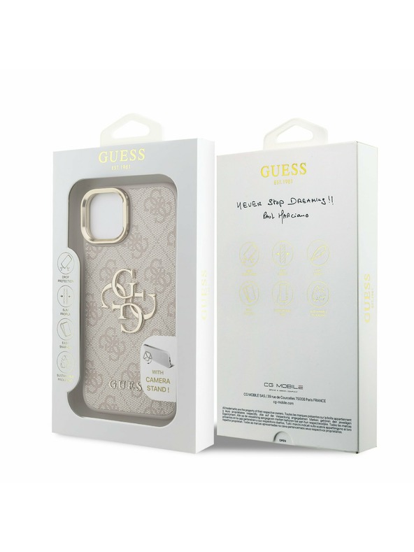 Guess Guess PU 4G Kovinski Logo Stand Zadnji ovitek za kamero za iPhone 15 Roza