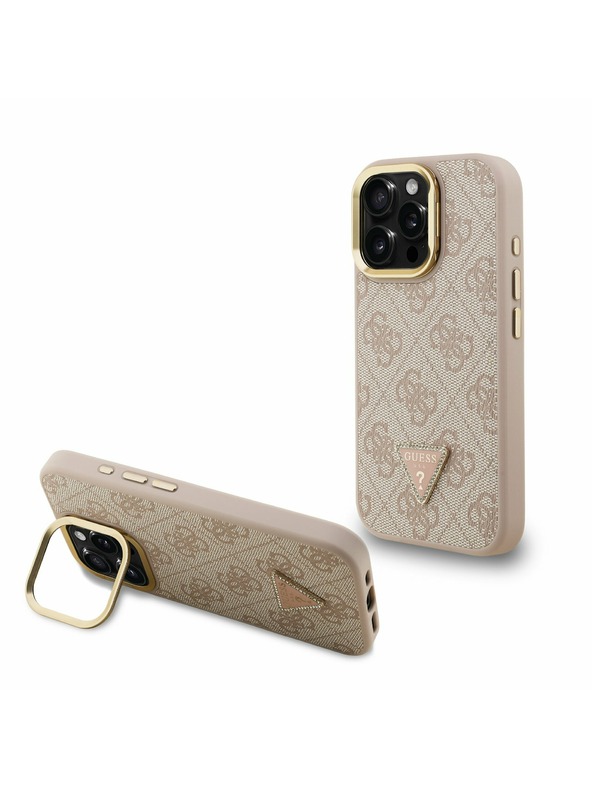 Guess Guess PU 4G Strass Trikotni Logo Stand Zadnji ovitek za kamero MagSafe za iPhone 16 Pro Roza