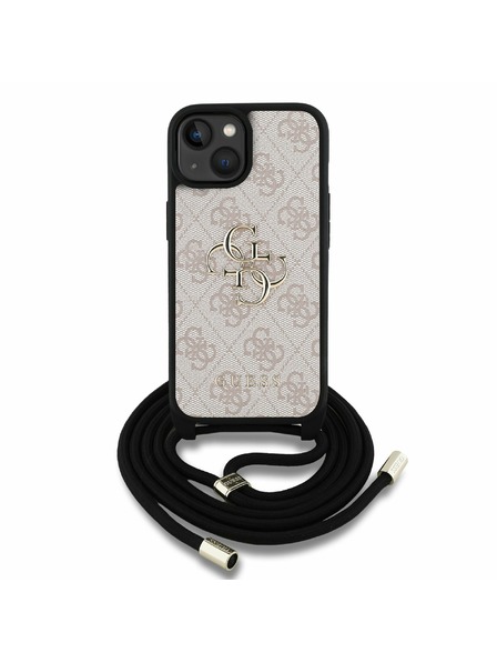 Guess Guess PU 4G Kovinski Logo Crossbody Trak Zadnji ovitek za iPhone 15 Roza