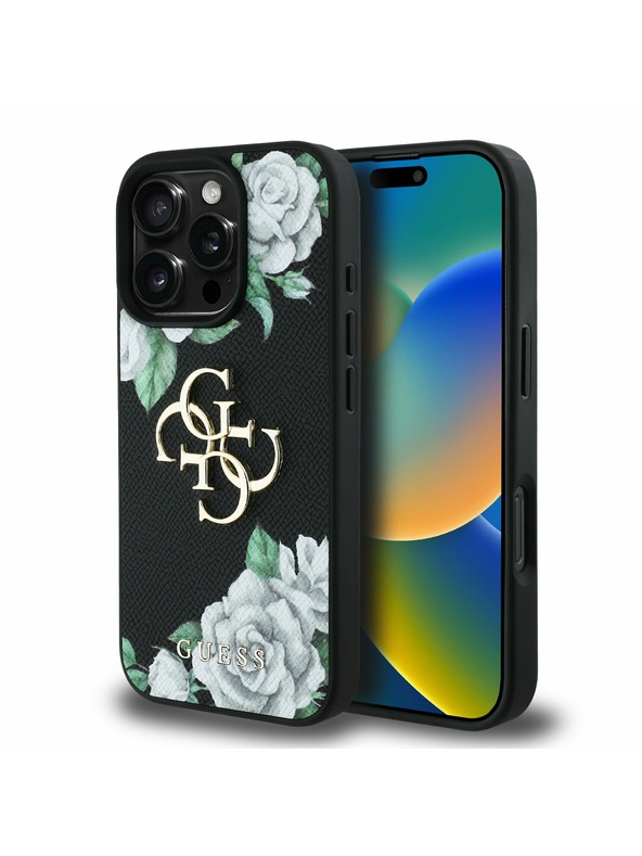 Guess Guess PU Grained Vrtnice 4G Kovinski Logo Zadnji ovitek za iPhone 16 Pro Črn