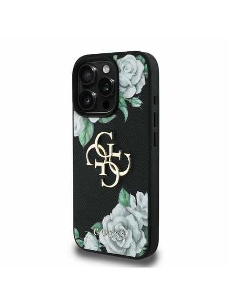 Guess Guess PU Grained Vrtnice 4G Kovinski Logo Zadnji ovitek za iPhone 16 Pro Črn