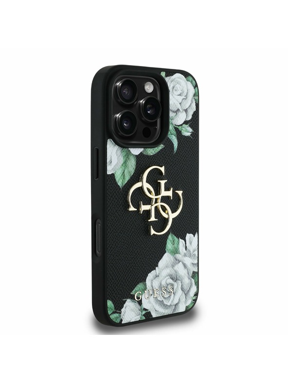 Guess Guess PU Grained Vrtnice 4G Kovinski Logo Zadnji ovitek za iPhone 16 Pro Črn