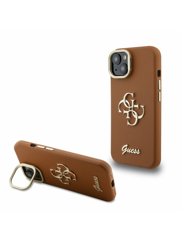 Guess Guess PU Grained 4G Logo Stand Zadnji ovitek za kamero za iPhone 15 Rjav