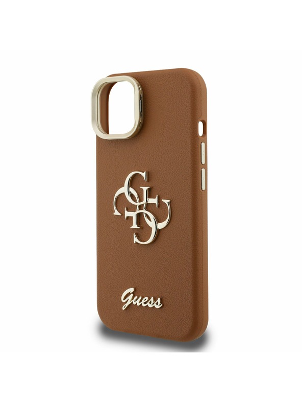 Guess Guess PU Grained 4G Logo Stand Zadnji ovitek za kamero za iPhone 15 Rjav
