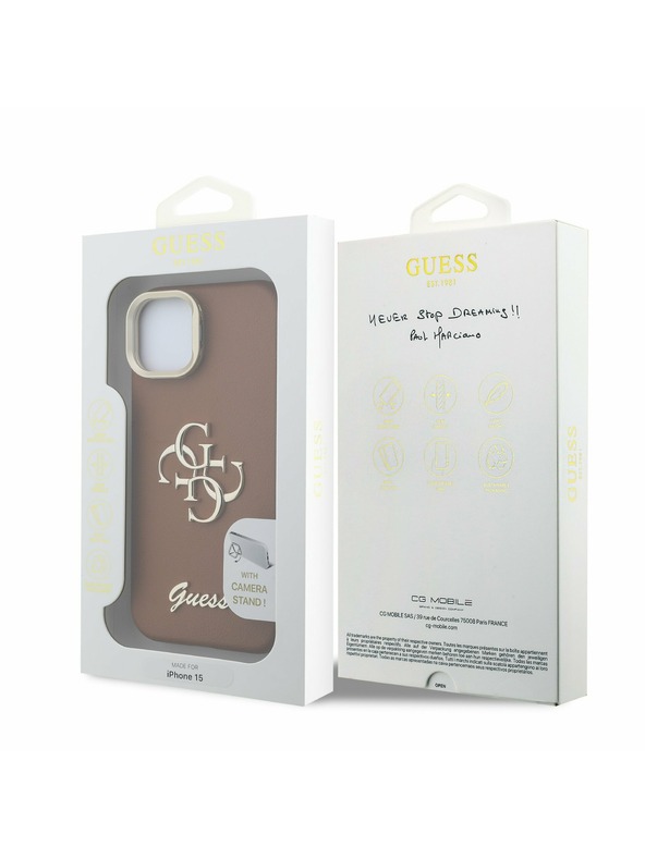 Guess Guess PU Grained 4G Logo Stand Zadnji ovitek za kamero za iPhone 15 Rjav
