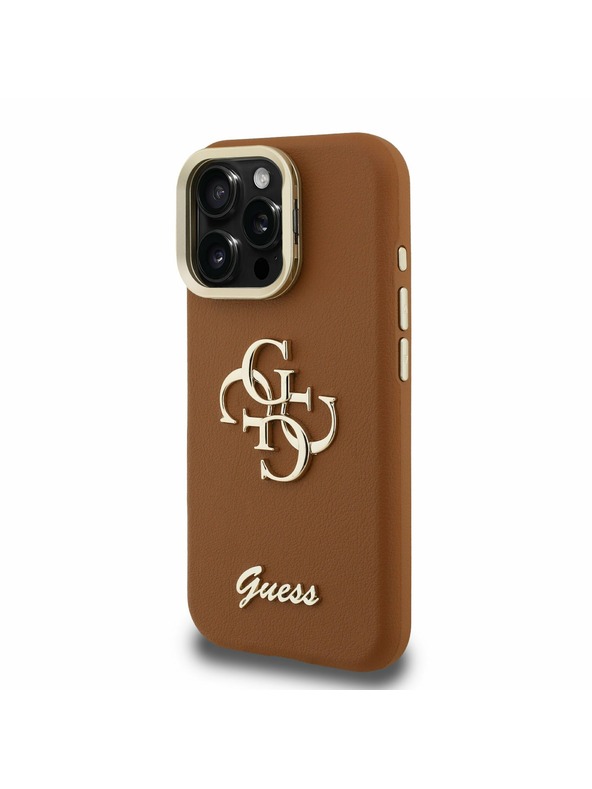 Guess Guess PU Grained 4G Logo Stand Zadnji ovitek za kamero za iPhone 15 Pro Max Rjav