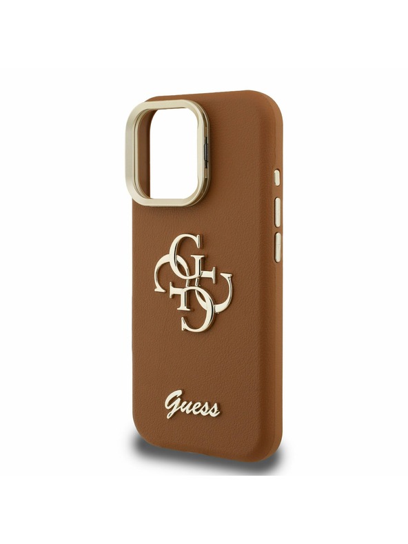 Guess Guess PU Grained 4G Logo Stand Zadnji ovitek za kamero za iPhone 15 Pro Max Rjav