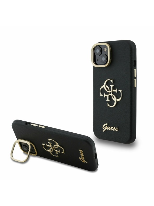 Guess Guess PU Grained 4G Logo Stand Camera Frame Zadnji ovitek za iPhone 13 Črn