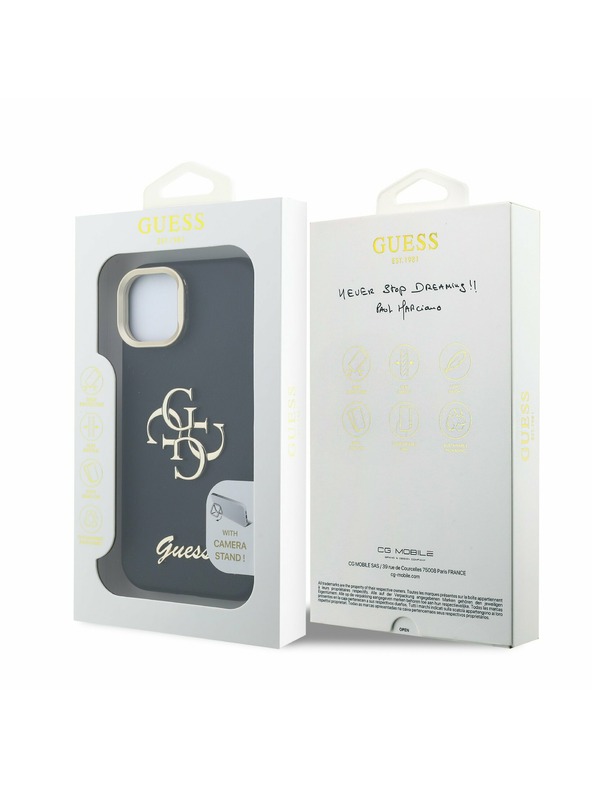 Guess Guess PU Grained 4G Logo Stand Camera Frame Zadnji ovitek za iPhone 13 Črn