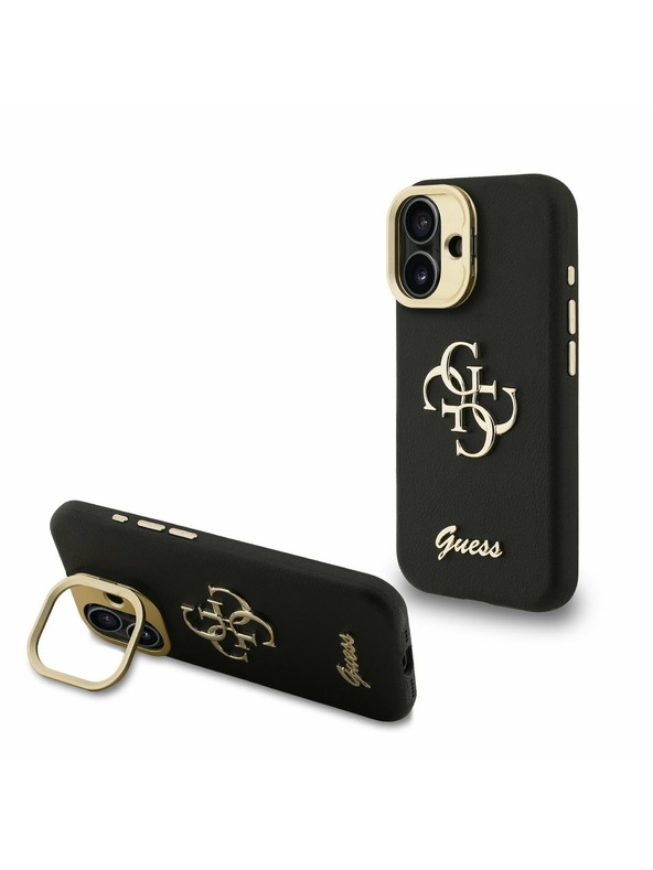 Guess Guess PU Grained 4G Logo Stand Camera Frame Zadnji ovitek za iPhone 16 Črn