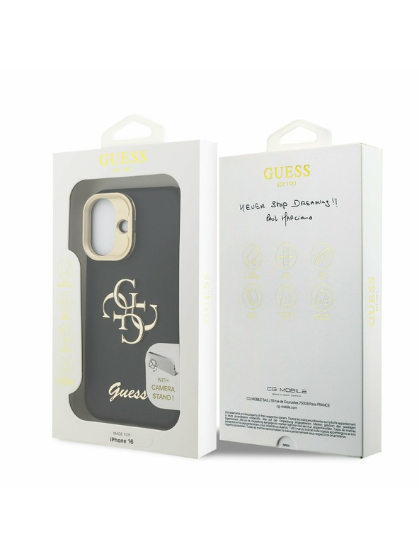 Guess Guess PU Grained 4G Logo Stand Camera Frame Zadnji ovitek za iPhone 16 Črn